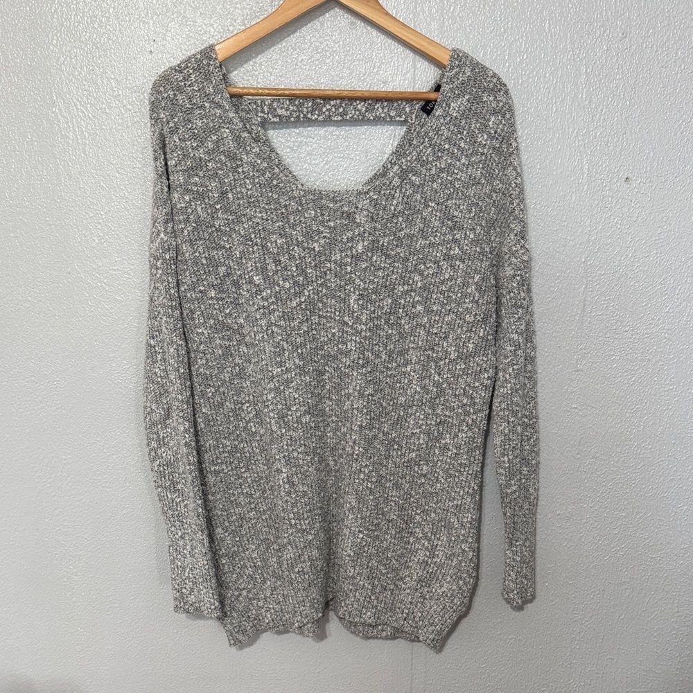 Torrid Gray Marled Oversized Slouchy Open Cutout Back V-Neck Knit Sweater Size 0